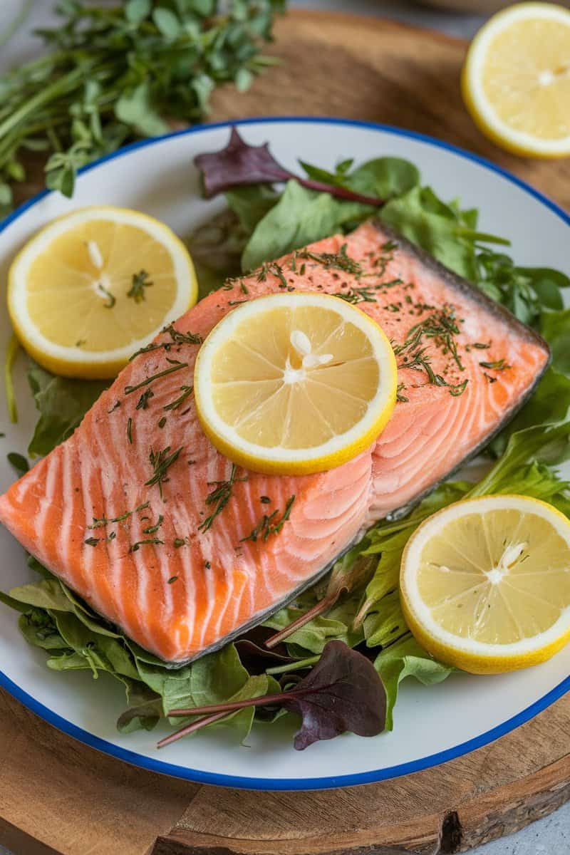 Keto baked salmon with lemon and herbs