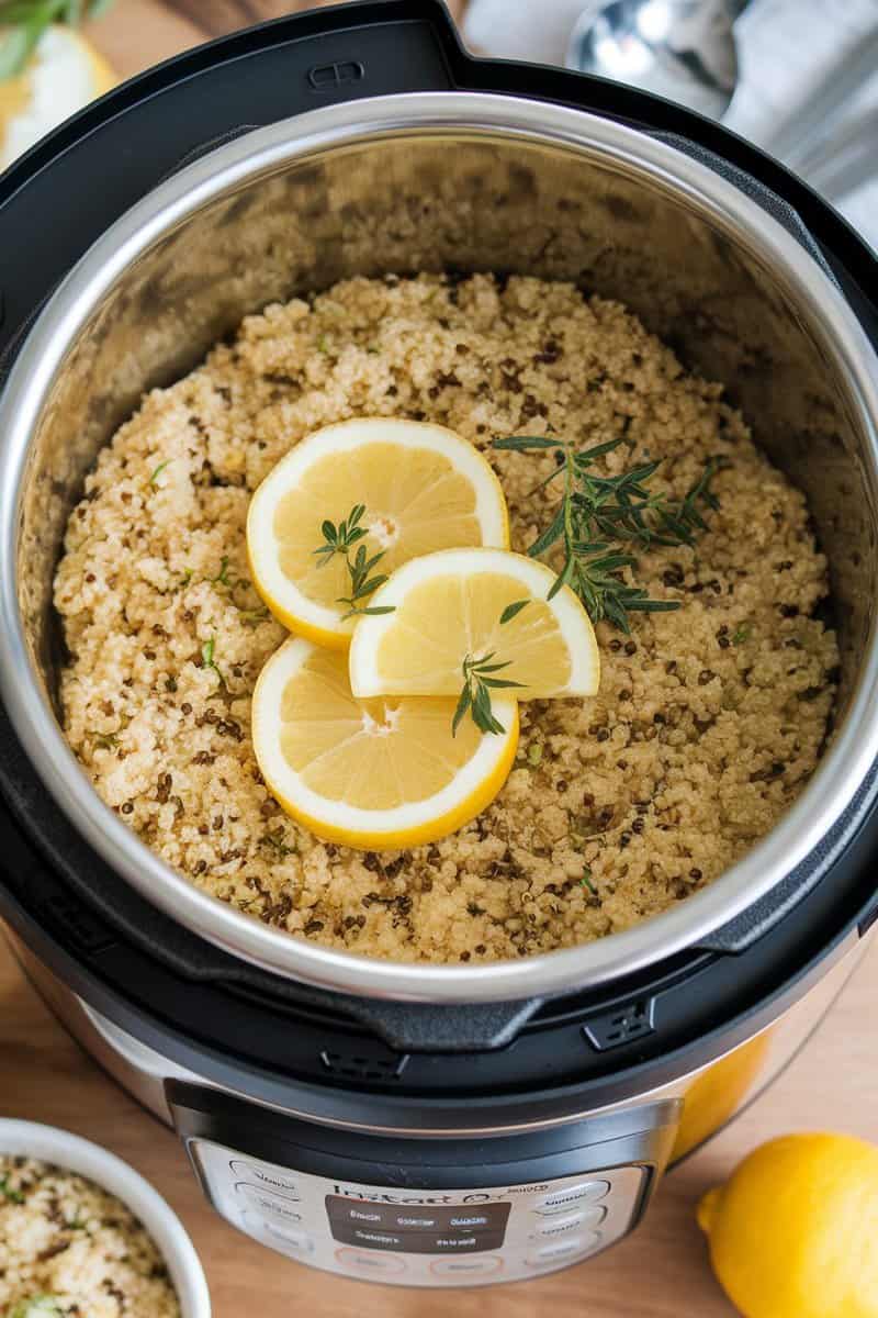 A bowl of lemon herb quinoa garnished with lemon slices and parsley.