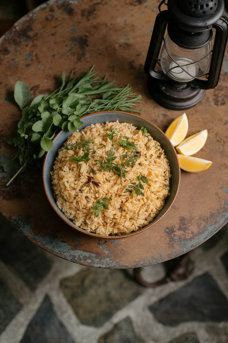 A bowl of lemon herb rice pilaf garnished with fresh herbs and lemon wedges.