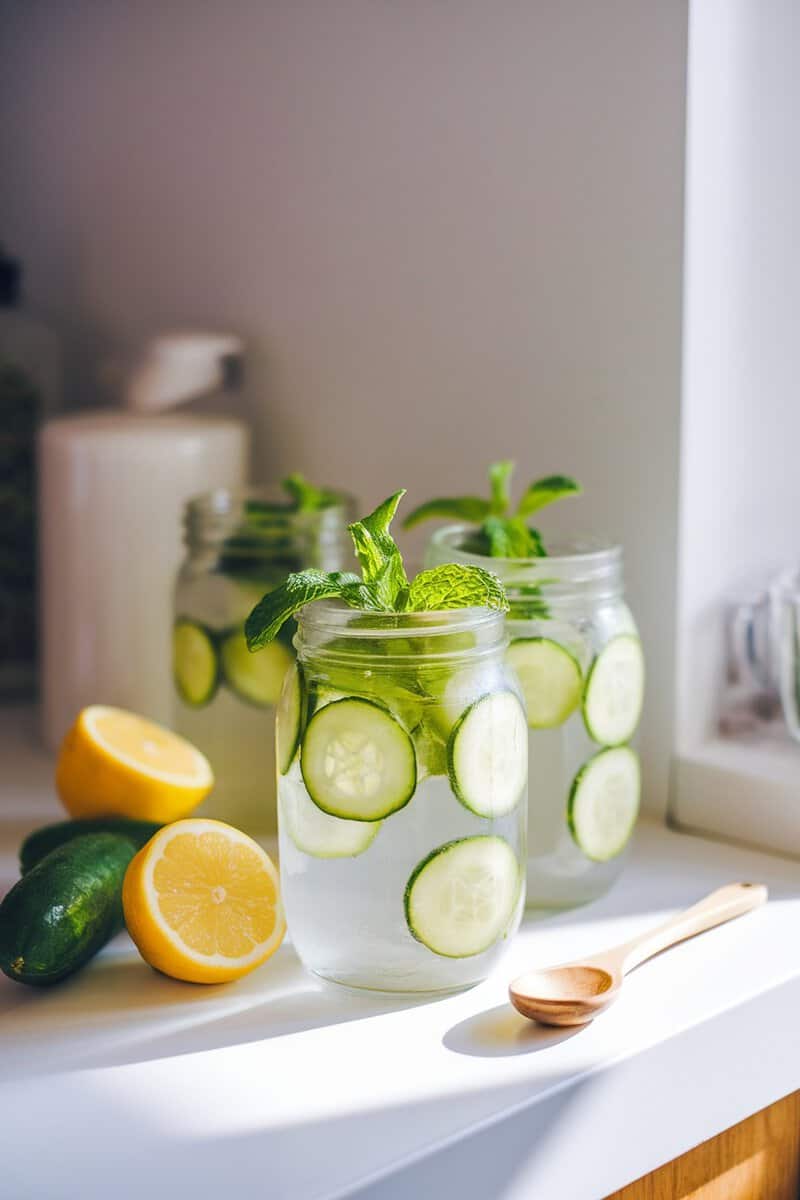 Refreshing jars of lemon cucumber water with mint