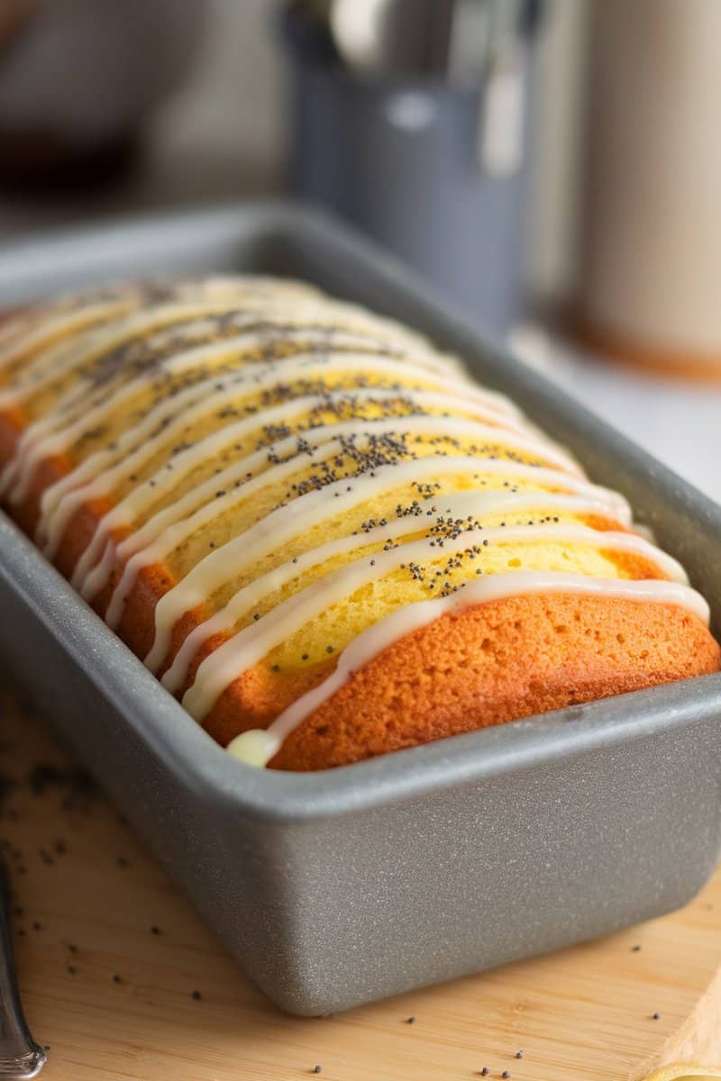 A freshly baked lemon poppy seed cake drizzled with glaze in a loaf pan