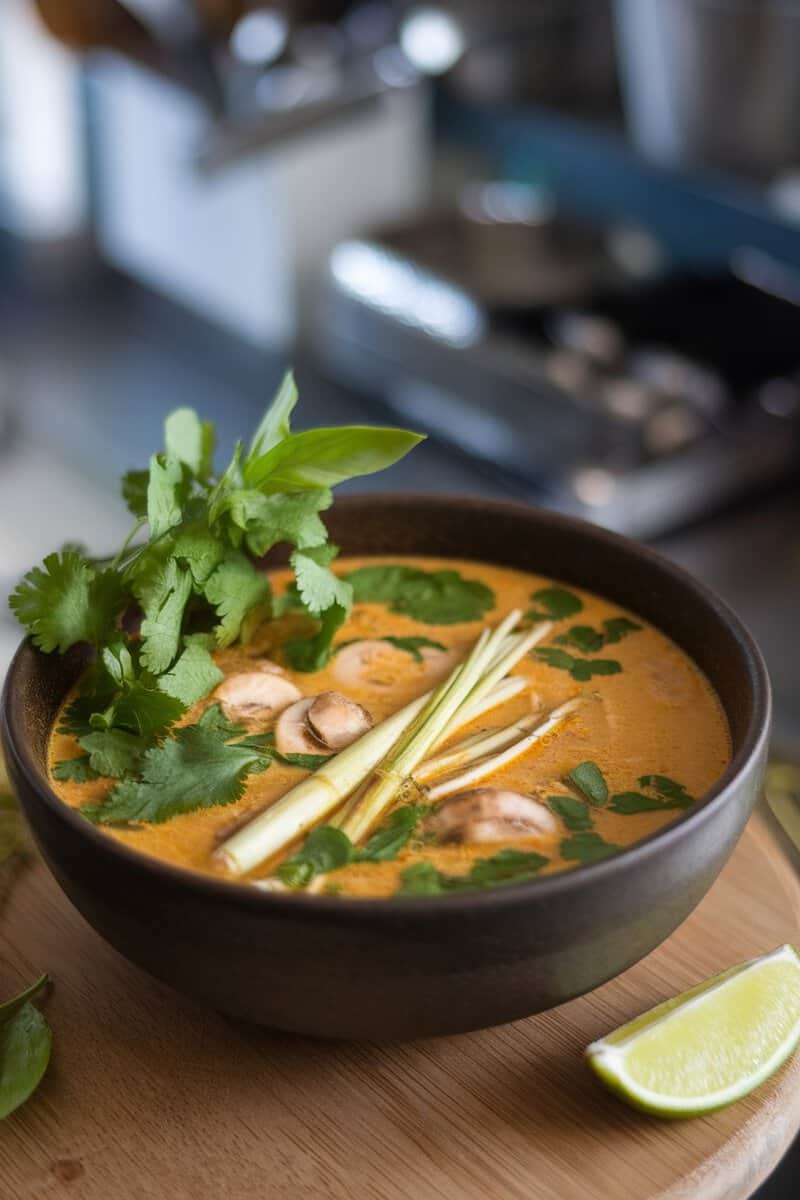 A bowl of lemongrass and mushroom soup garnished with fresh herbs and lime.