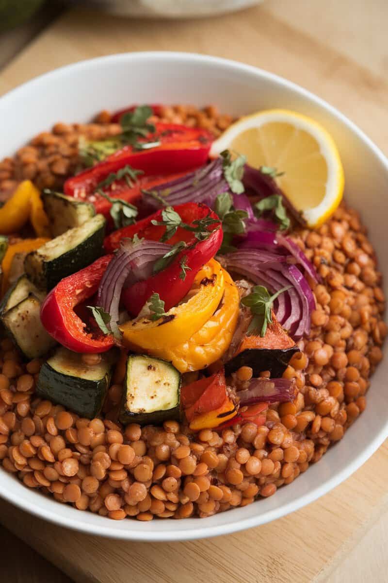 A bowl of lentils topped with roasted vegetables and lemon wedges