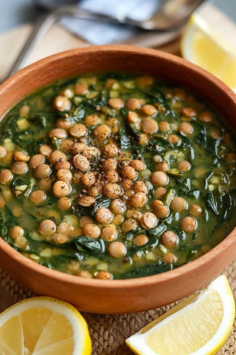 A bowl of lentil and spinach soup, garnished with spices and served with lemon slices.