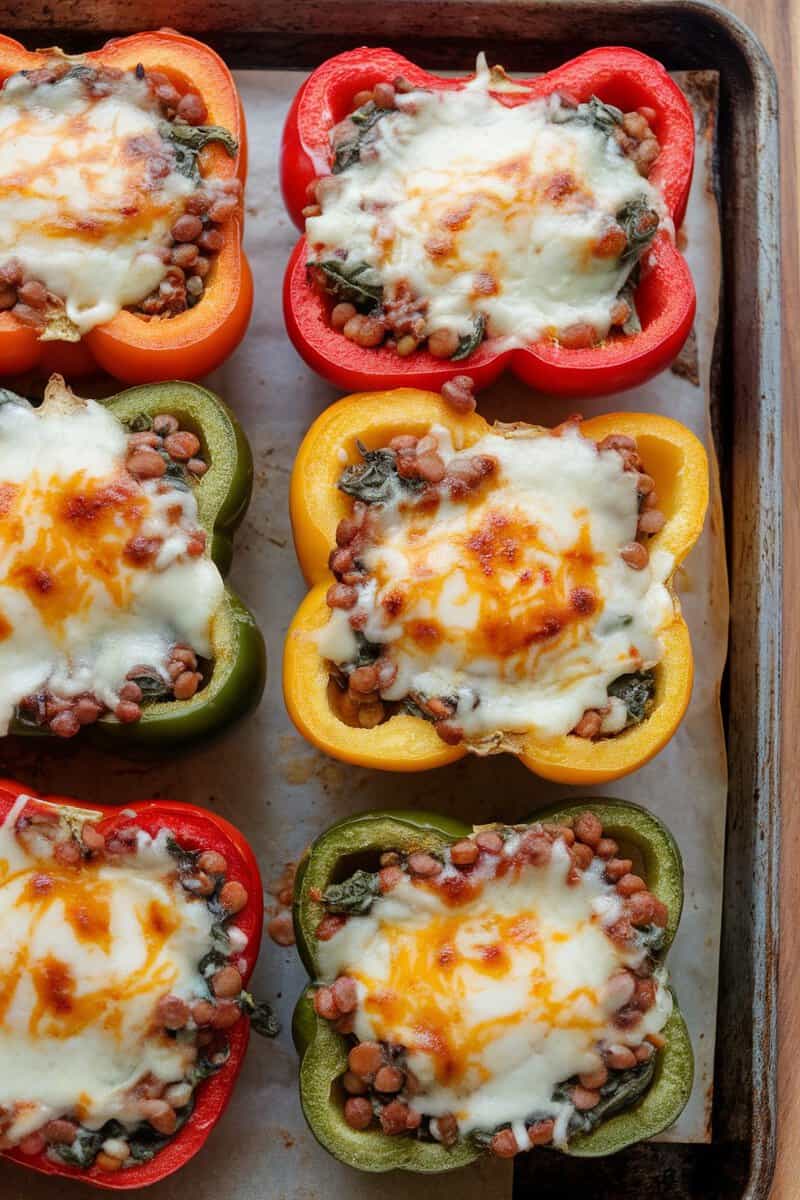 Colorful stuffed peppers filled with lentils and spinach topped with melted cheese.