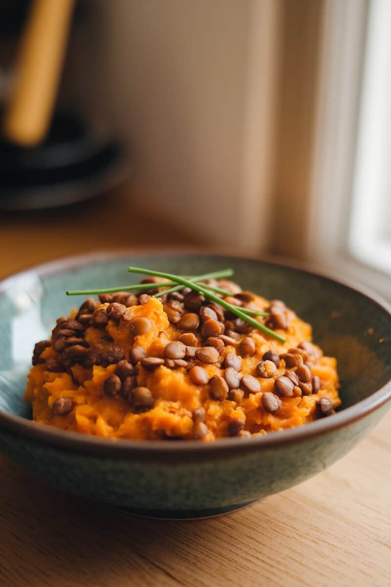 A bowl of lentil and sweet potato mash topped with lentils and garnished with chives.