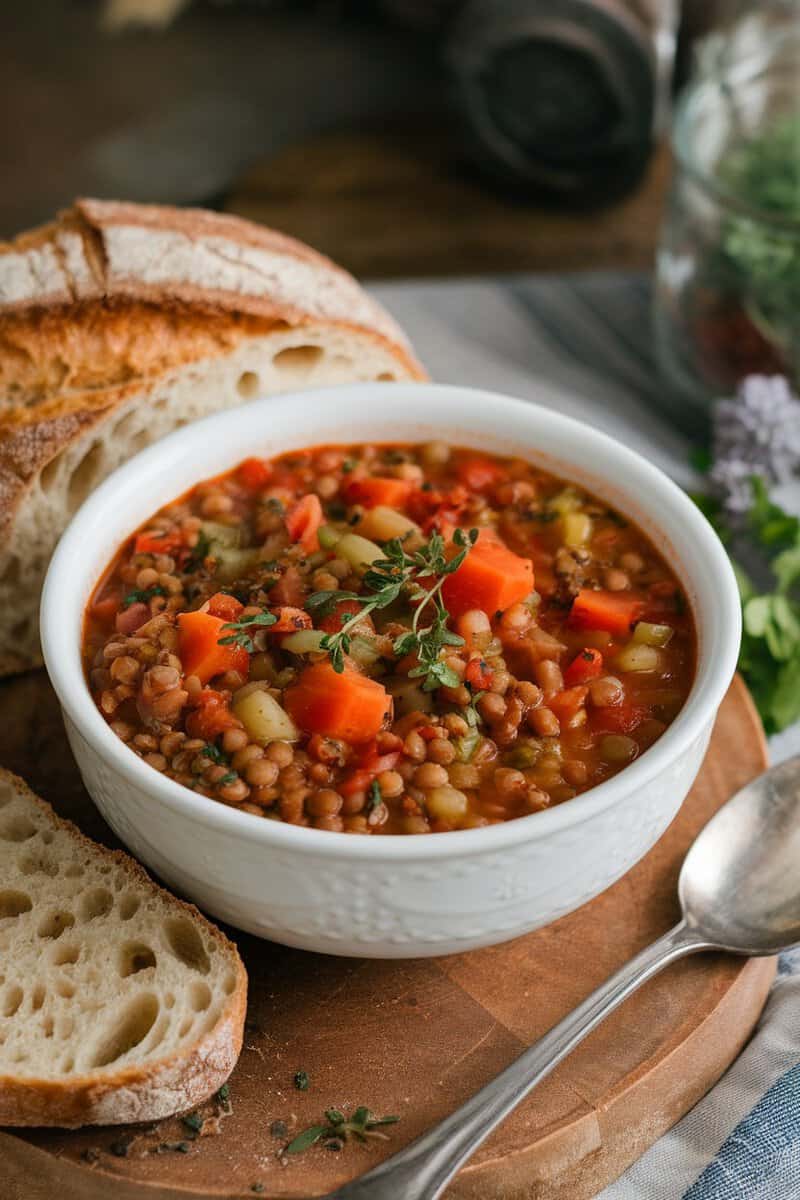 A bowl of lentil and vegetable soup with bread on the side, showcasing a hearty and nutritious meal.