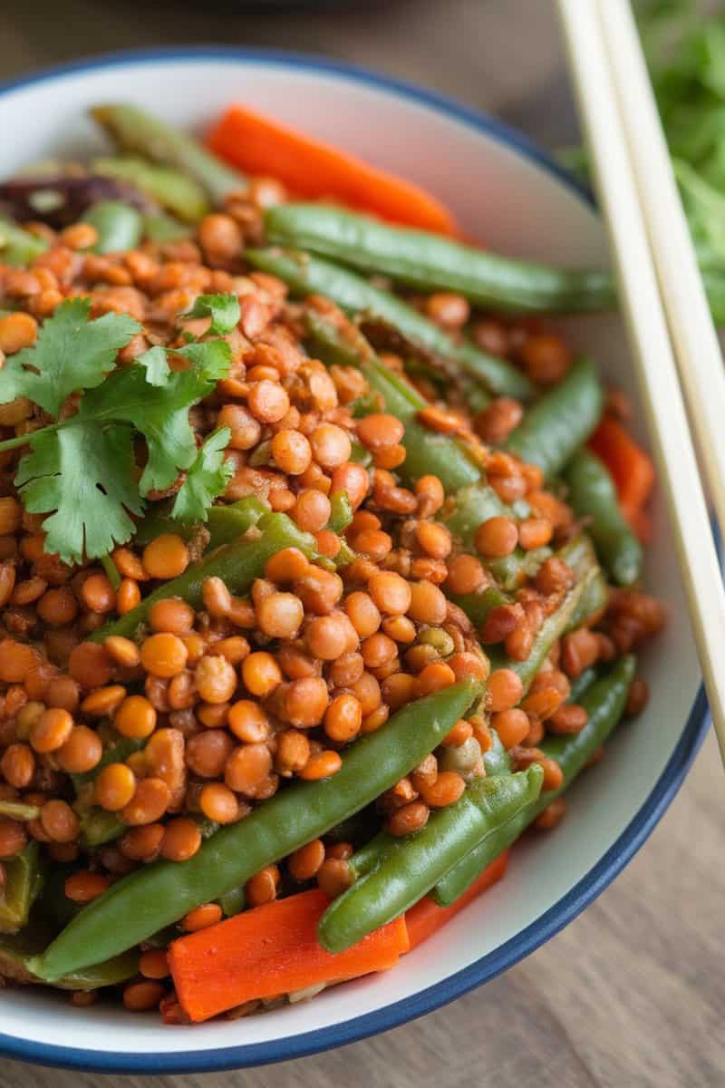 A bowl of lentil and vegetable stir-fry featuring green beans, carrots, and lentils garnished with cilantro.