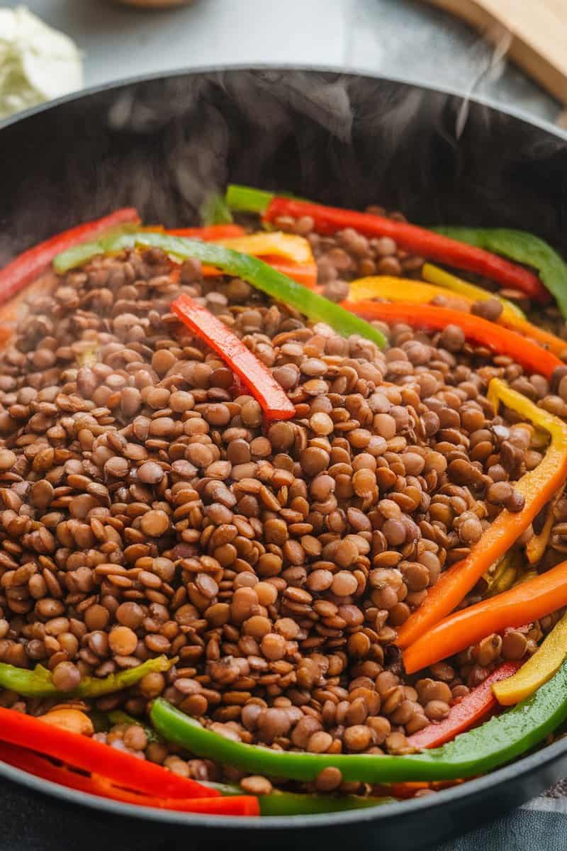 A skillet filled with cooked lentils and colorful bell peppers