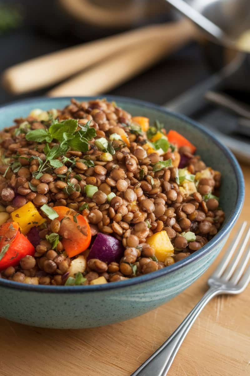 A bowl of lentil salad with colorful roasted vegetables.