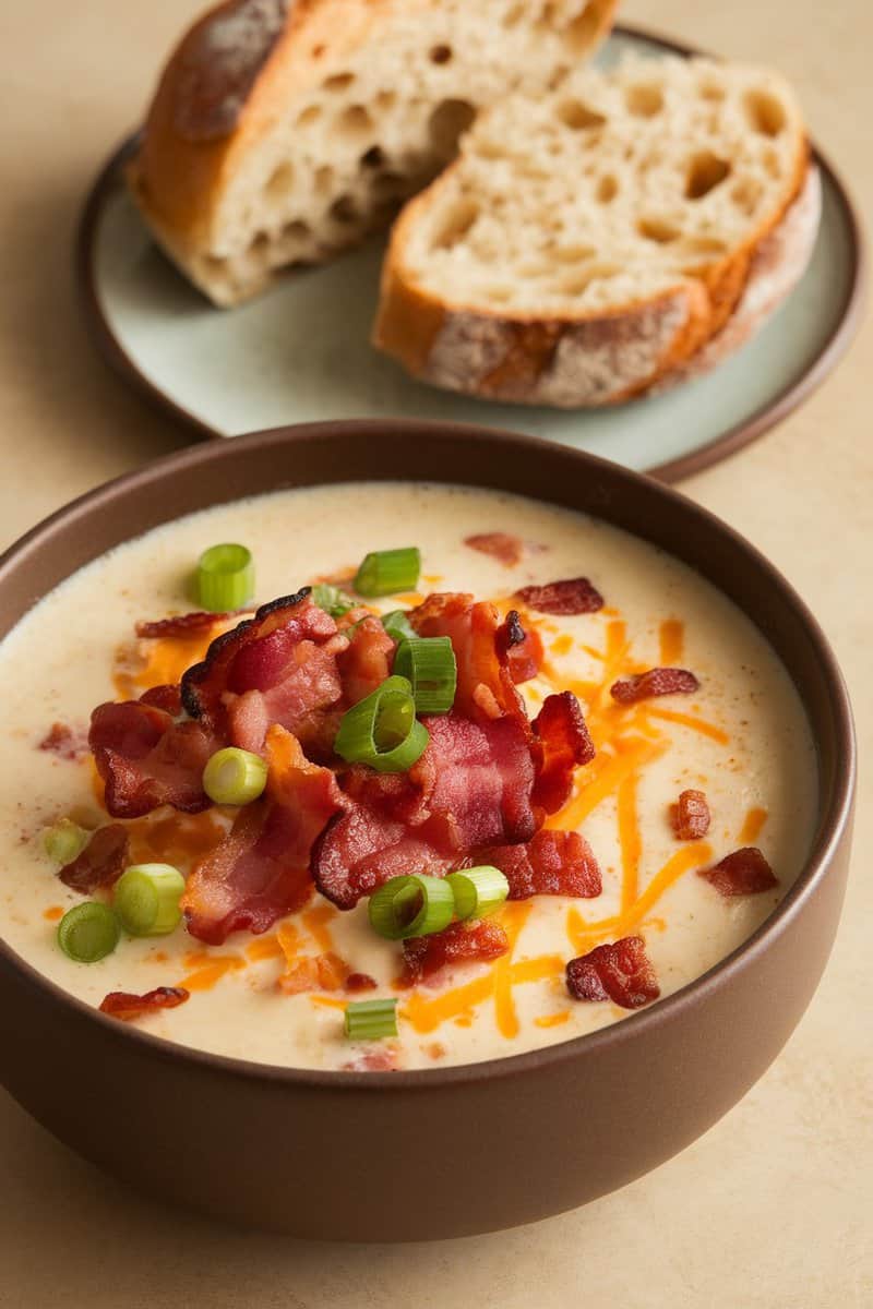 A bowl of loaded baked potato soup topped with bacon, cheese, and green onions, served with slices of bread on the side.