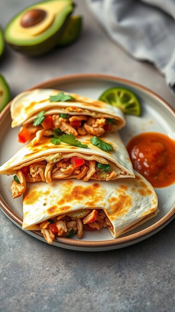 A plate of loaded chicken quesadillas with fresh ingredients and salsa.