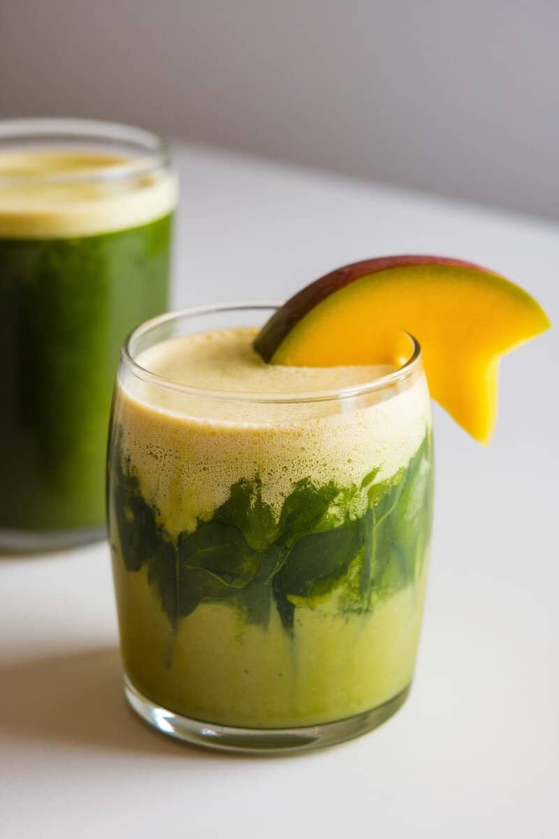 A glass of Mango and Spinach Power Juice, topped with a mango slice.