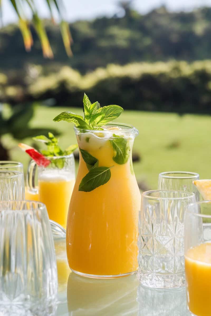 A refreshing mango pineapple punch with fresh herbs in a pitcher with glasses around it