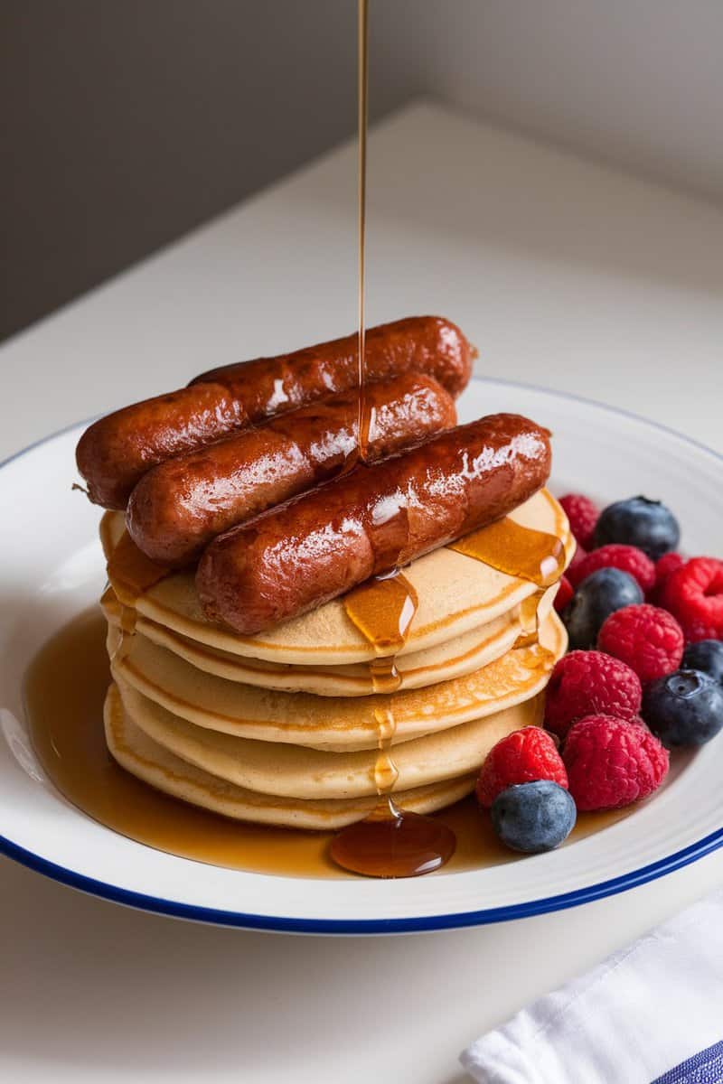 A plate of stacked pancakes topped with breakfast sausages and syrup, surrounded by fresh berries.