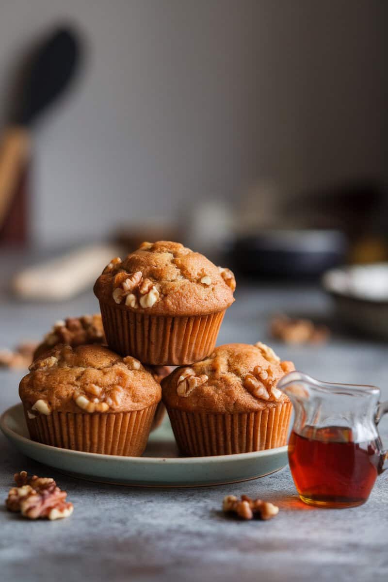 A plate of maple apple muffins topped with walnuts, with a small pitcher of maple syrup beside them.