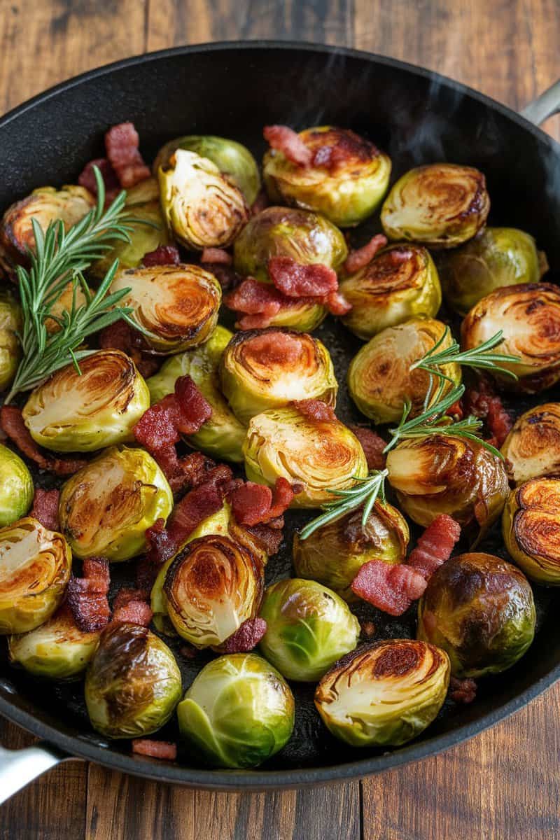 A skillet filled with roasted Brussels sprouts and crispy bacon, garnished with rosemary.