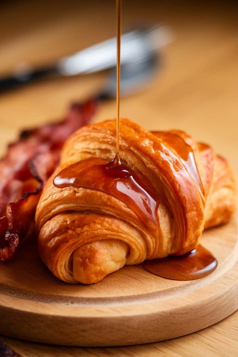 A delicious maple bacon croissant drizzled with syrup