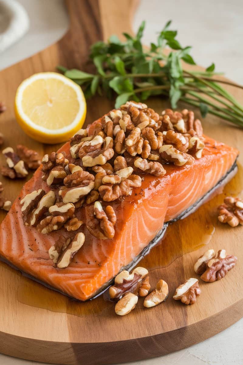 A beautifully presented plate of maple glazed salmon topped with walnuts