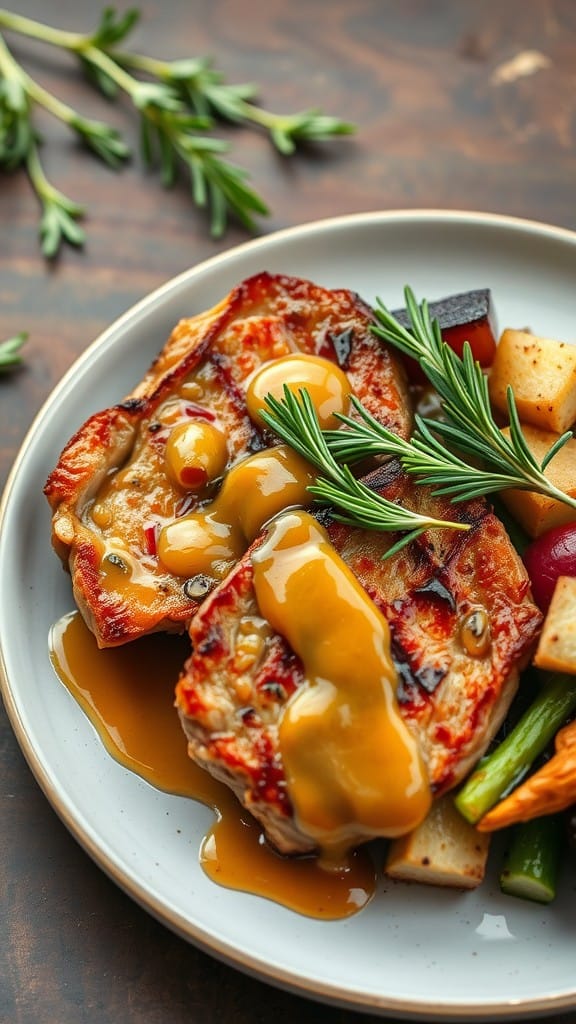 Maple Mustard Glazed Pork Chops served with vegetables