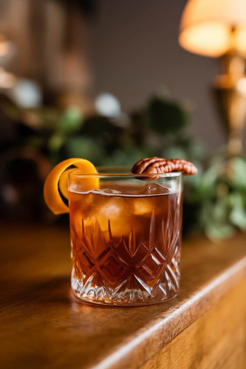 Maple Pecan Old Fashioned cocktail with a garnish of pecans and an orange twist.