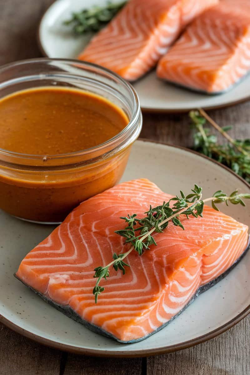 Maple teriyaki salmon marinade ingredients and salmon fillets