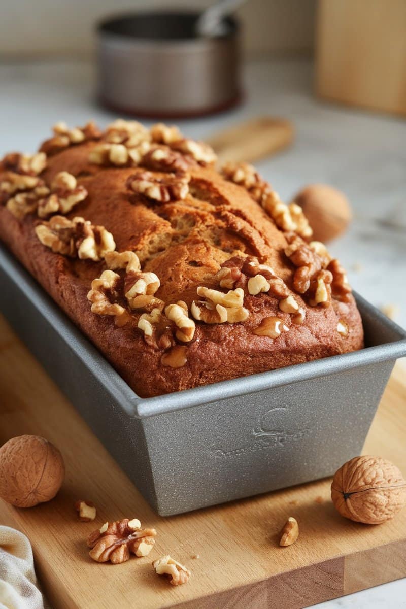 A loaf of Maple Walnut Bread topped with walnuts in a stone loaf pan.