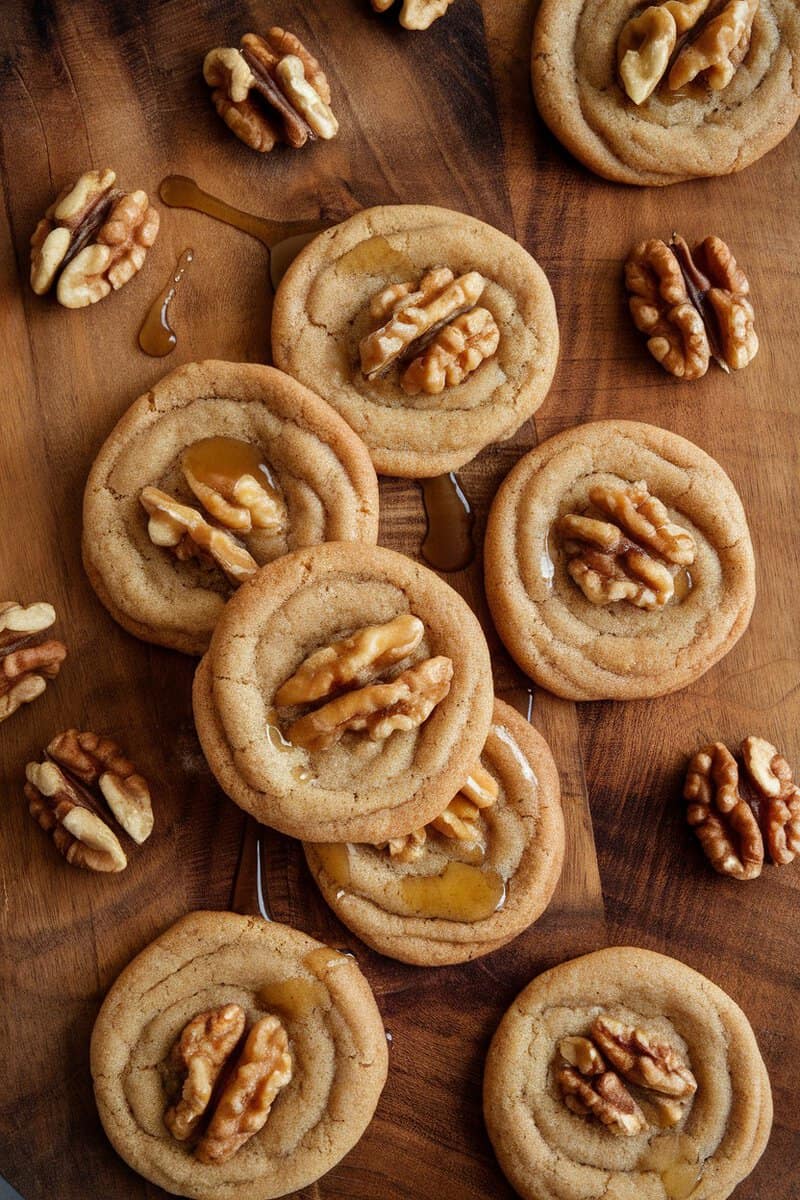 A plate of maple walnut cookies topped with walnuts and drizzled with maple syrup.