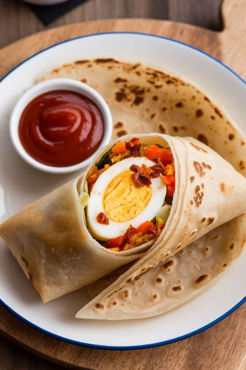 A delicious masala egg roll with boiled egg and vegetables wrapped in roti, served with ketchup.