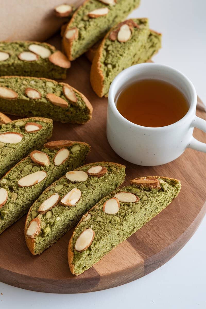 Matcha almond biscotti served with a cup of tea