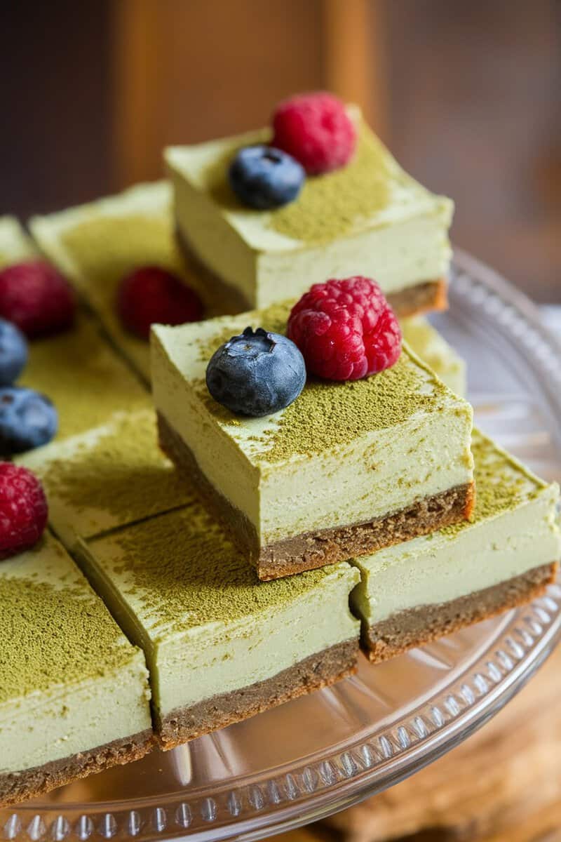 Delicious matcha cheesecake bars topped with fresh berries