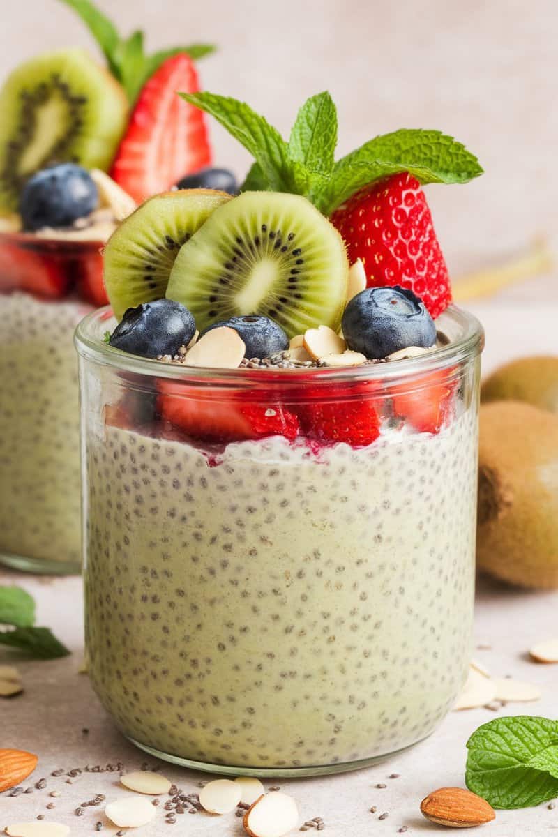 A glass of matcha chia seed pudding topped with fresh berries and kiwi slices.