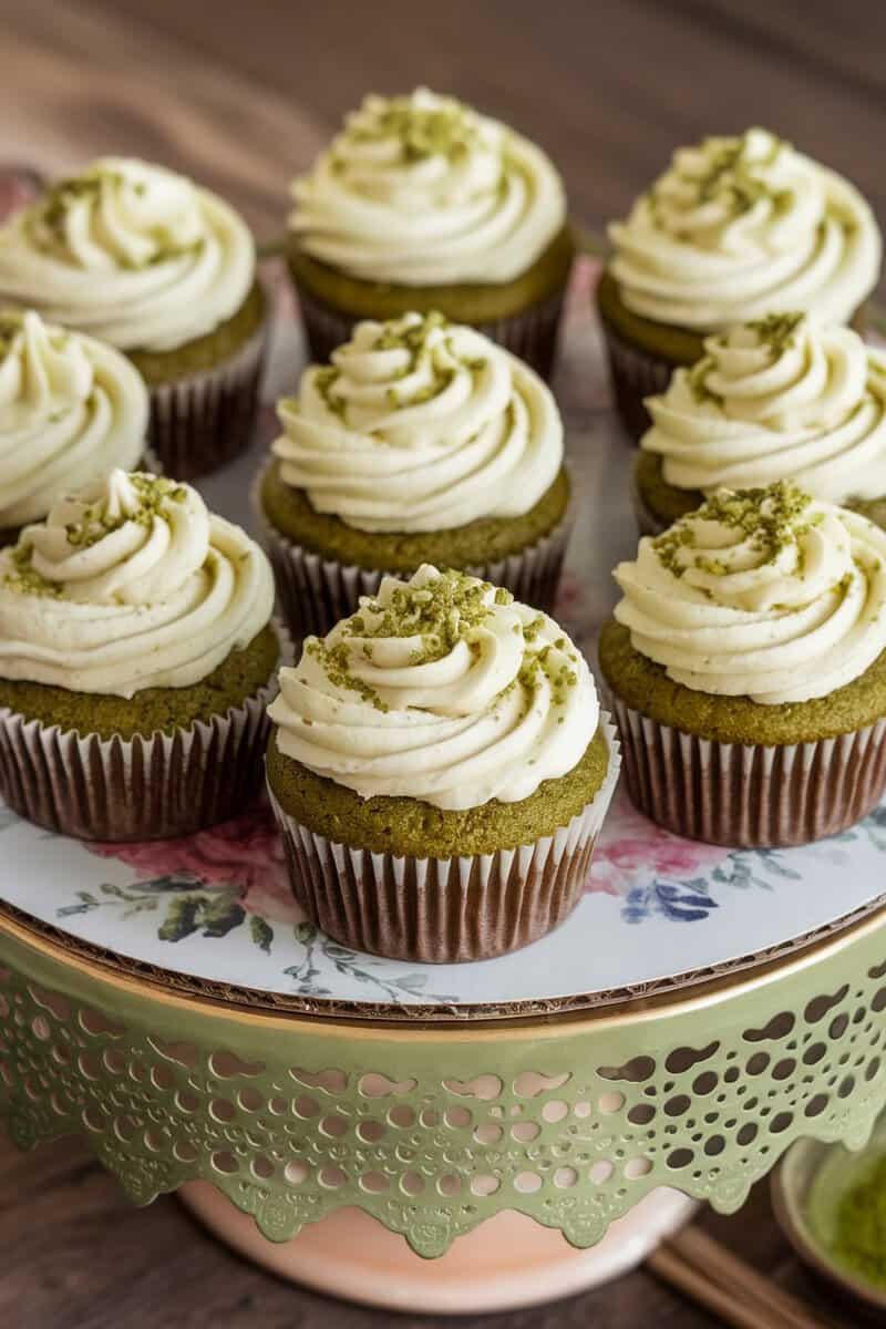 Delicious matcha cupcakes topped with cream cheese frosting, arranged on a decorative cake stand.