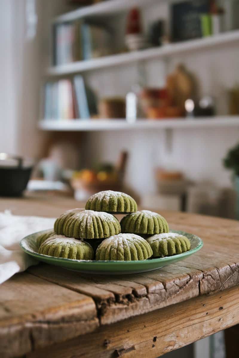 A plate of matcha green tea cookies dusted with powdered sugar.