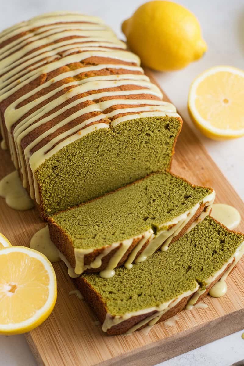 A delicious matcha loaf cake with a lemon glaze, sliced and garnished with lemon halves.