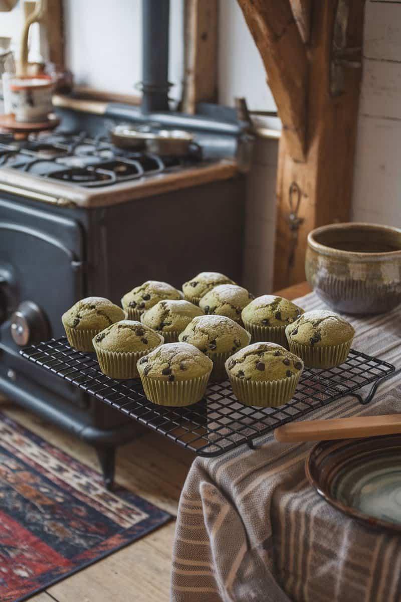 Matcha muffins topped with dark chocolate chips in a muffin tray