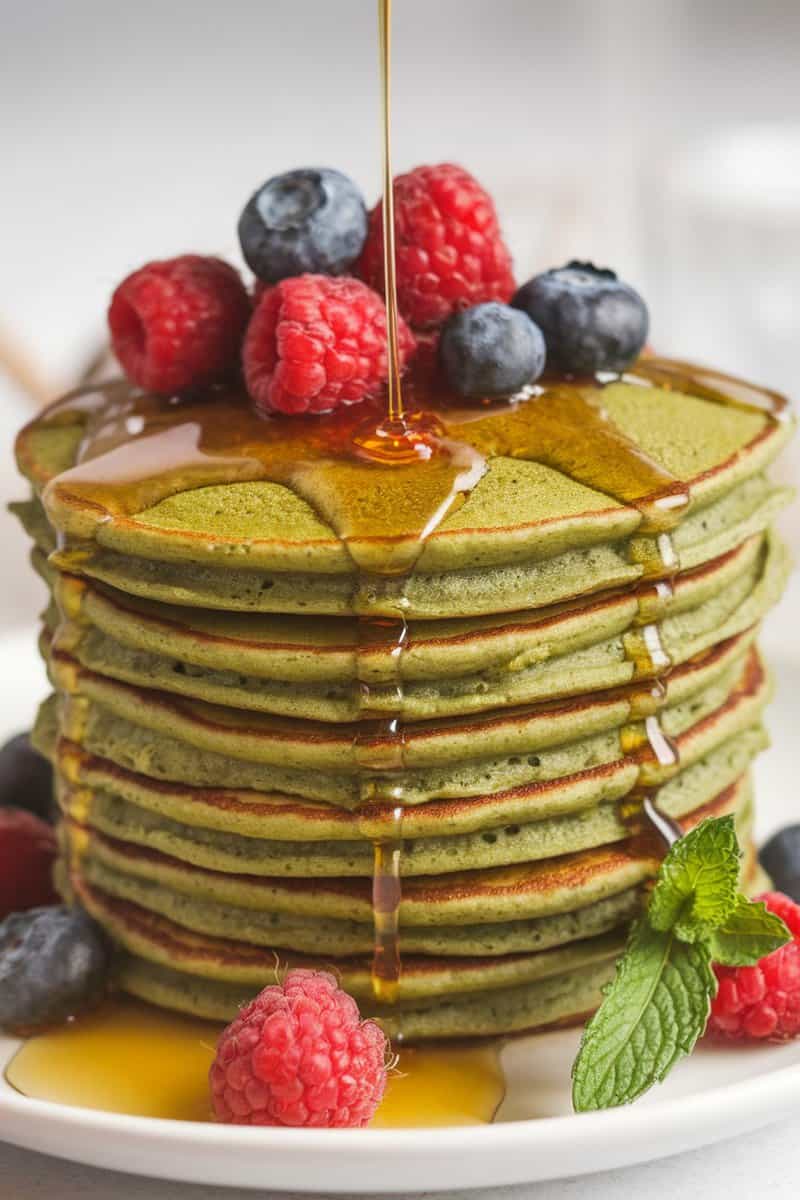 A stack of green matcha pancakes topped with fresh berries and honey drizzle.