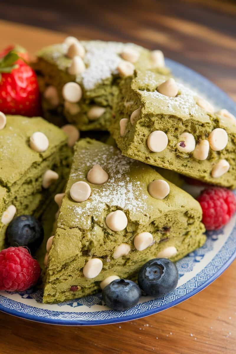 Matcha scones topped with white chocolate chips and served with berries