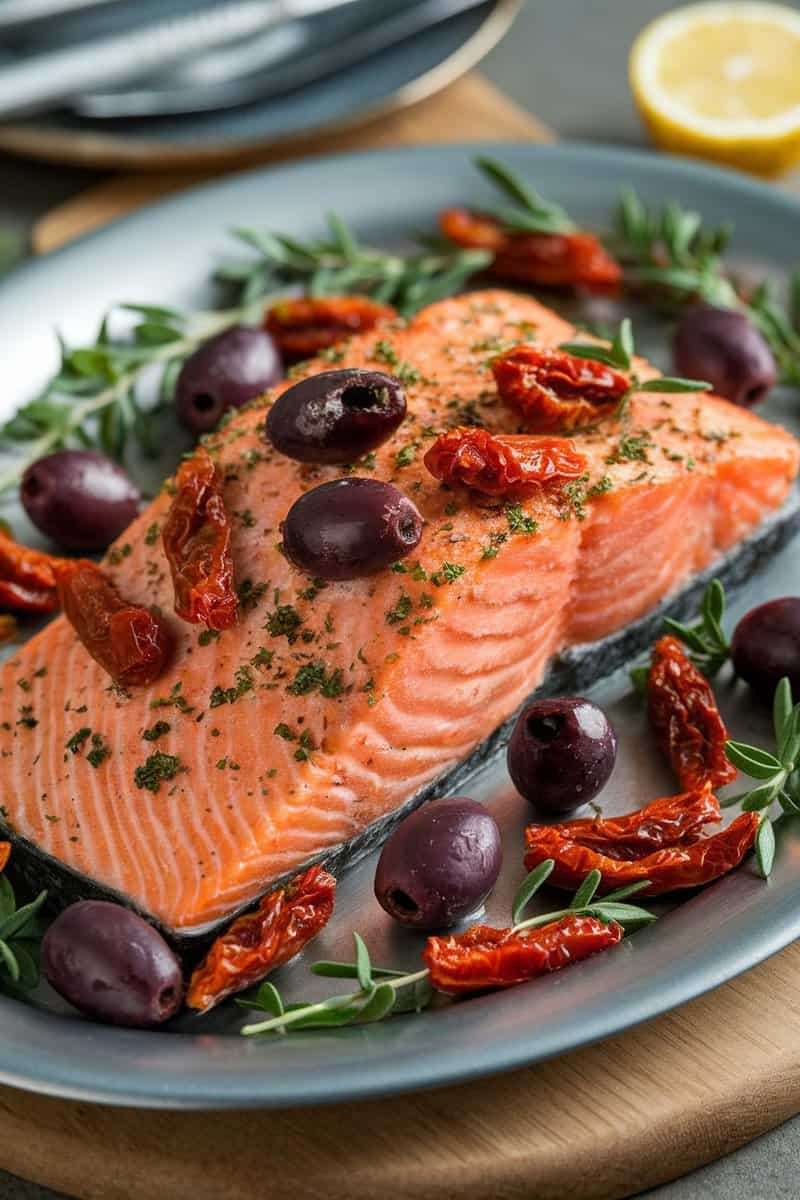 Mediterranean baked salmon with olives and sun-dried tomatoes