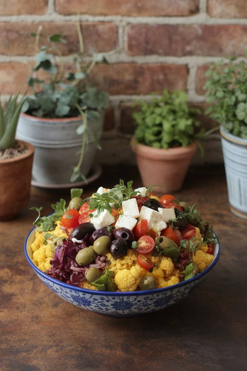 A colorful Mediterranean cauliflower rice bowl with fresh vegetables and feta cheese.