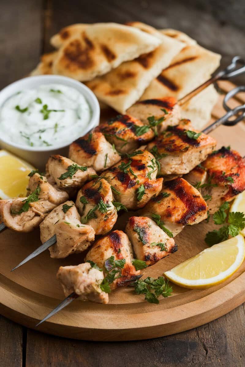 Grilled Mediterranean chicken skewers with tzatziki sauce and pita bread on a wooden platter