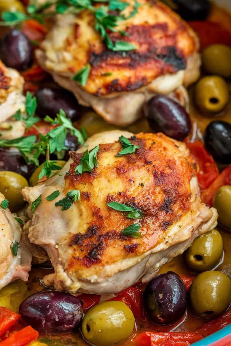 Delicious Mediterranean chicken thighs with olives and bell peppers