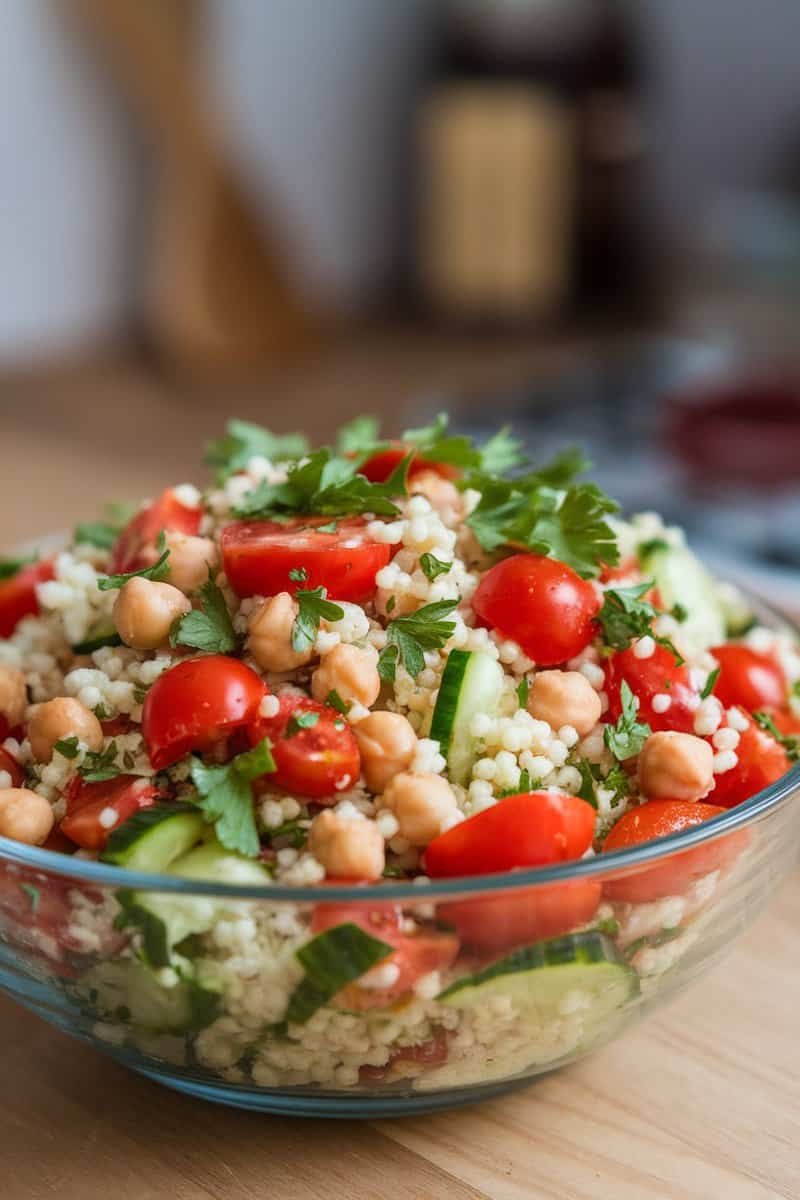 A vibrant Mediterranean chickpea couscous salad with cherry tomatoes, cucumber, and parsley.