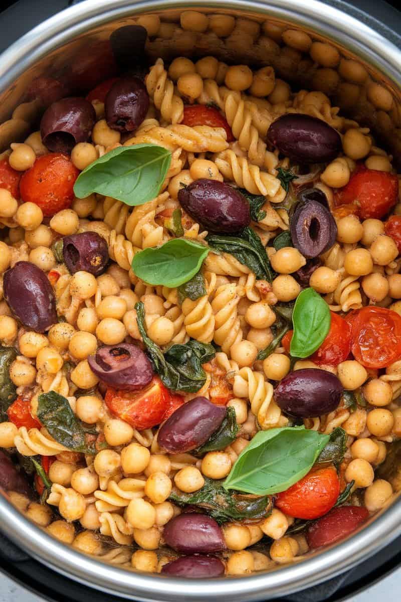 A colorful bowl of Mediterranean chickpea pasta with olives and spinach