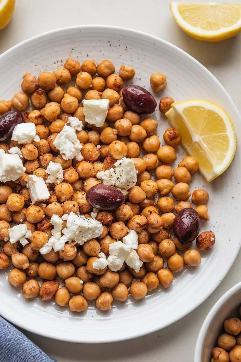 A plate of roasted chickpeas with feta cheese and olives, garnished with lemon wedges.