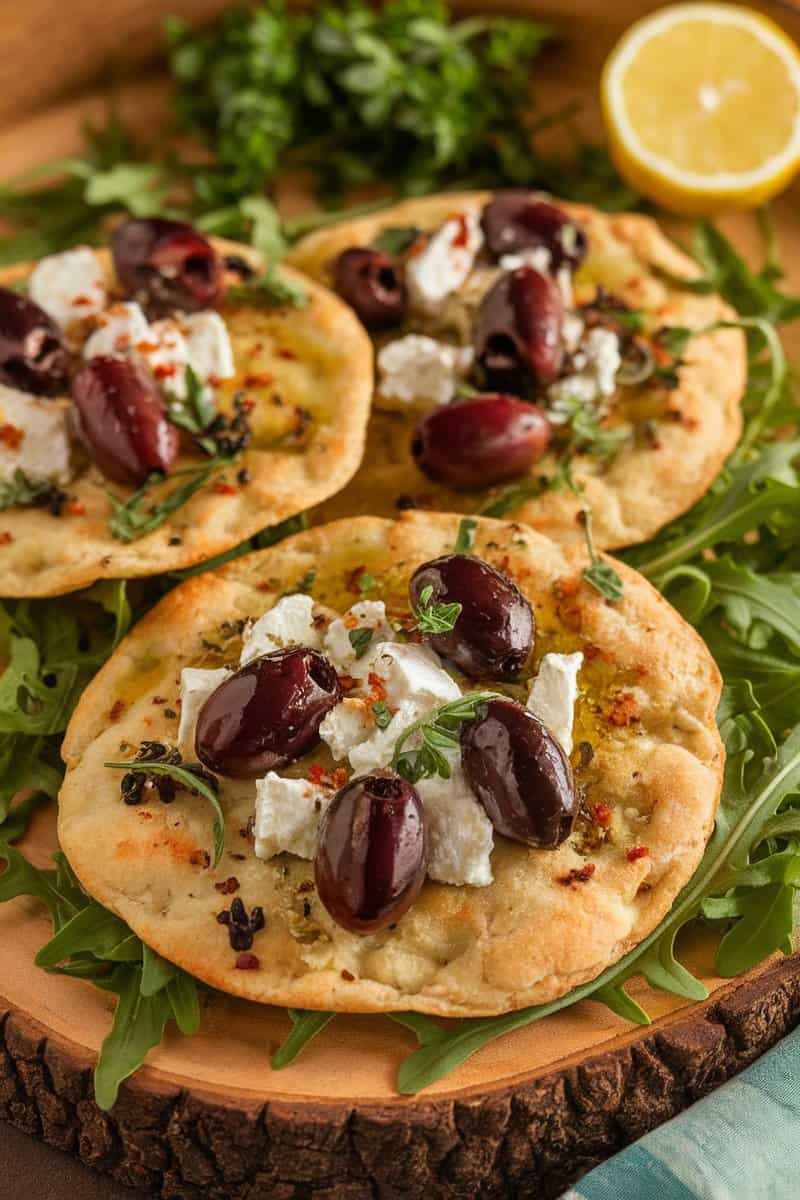 Mediterranean flatbreads topped with olives and feta on a wooden platter.