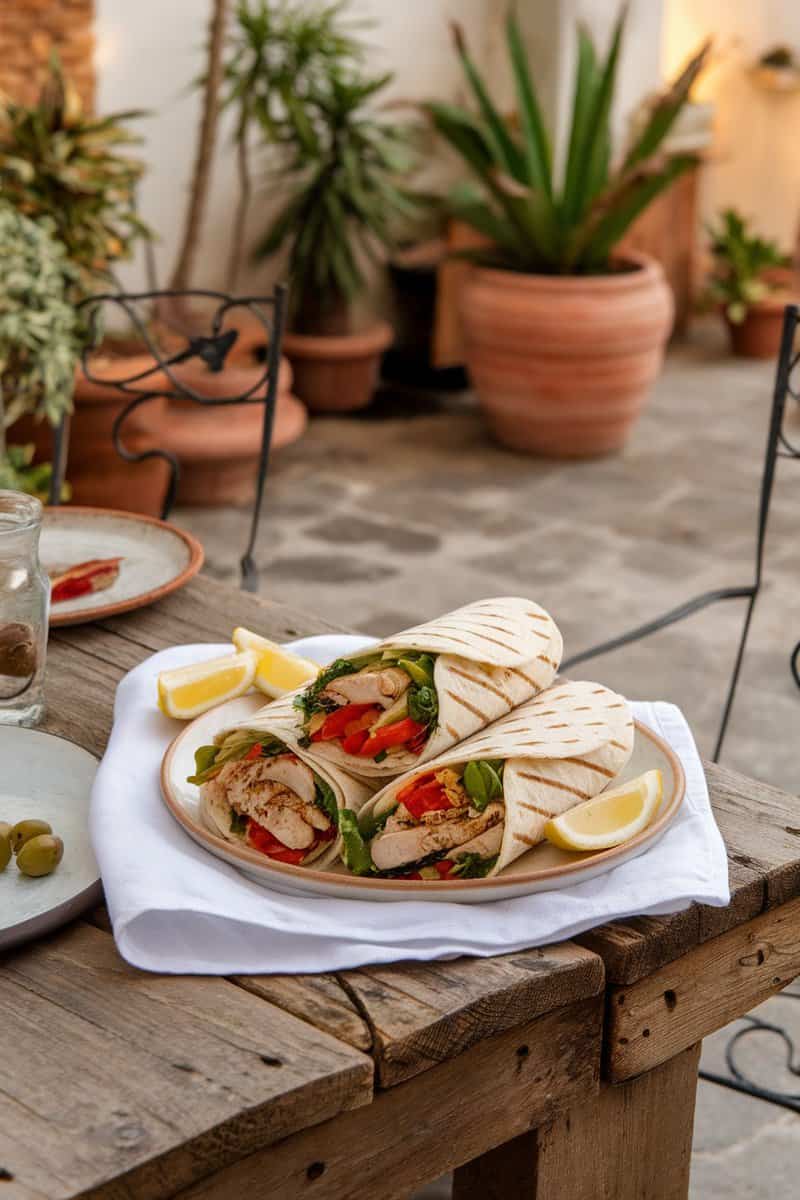 Mediterranean grilled chicken wraps with fresh vegetables and lemon wedges