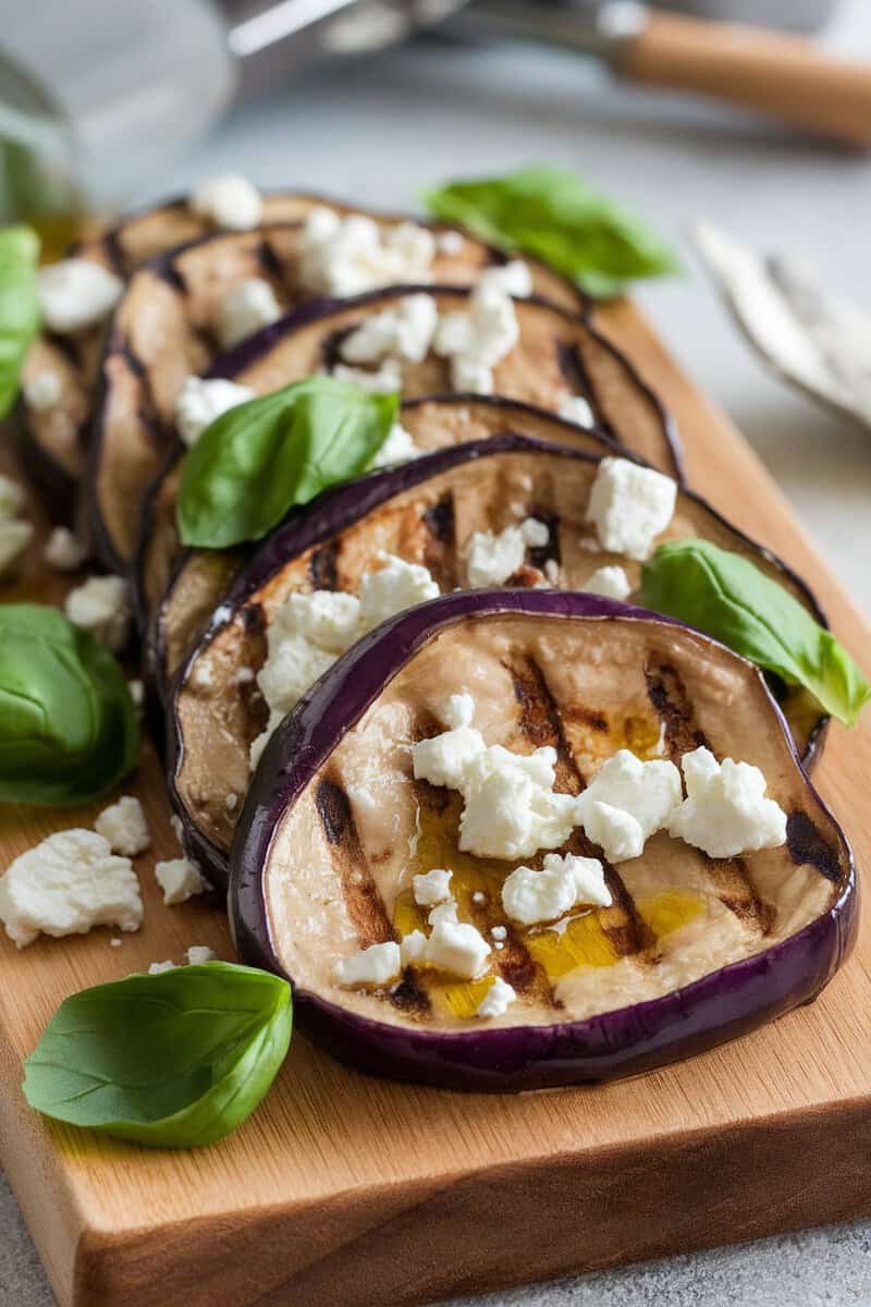 Grilled eggplant topped with feta cheese and basil leaves