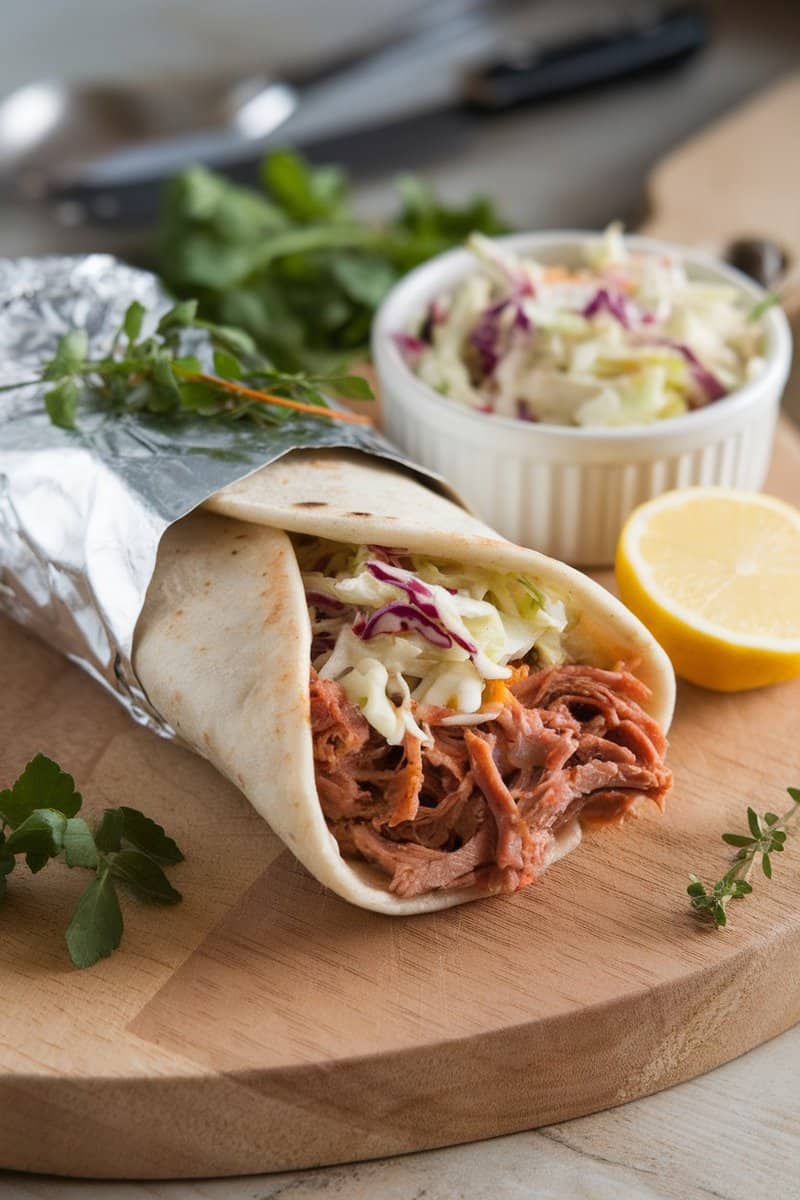 Mediterranean inspired pulled pork wrap with coleslaw