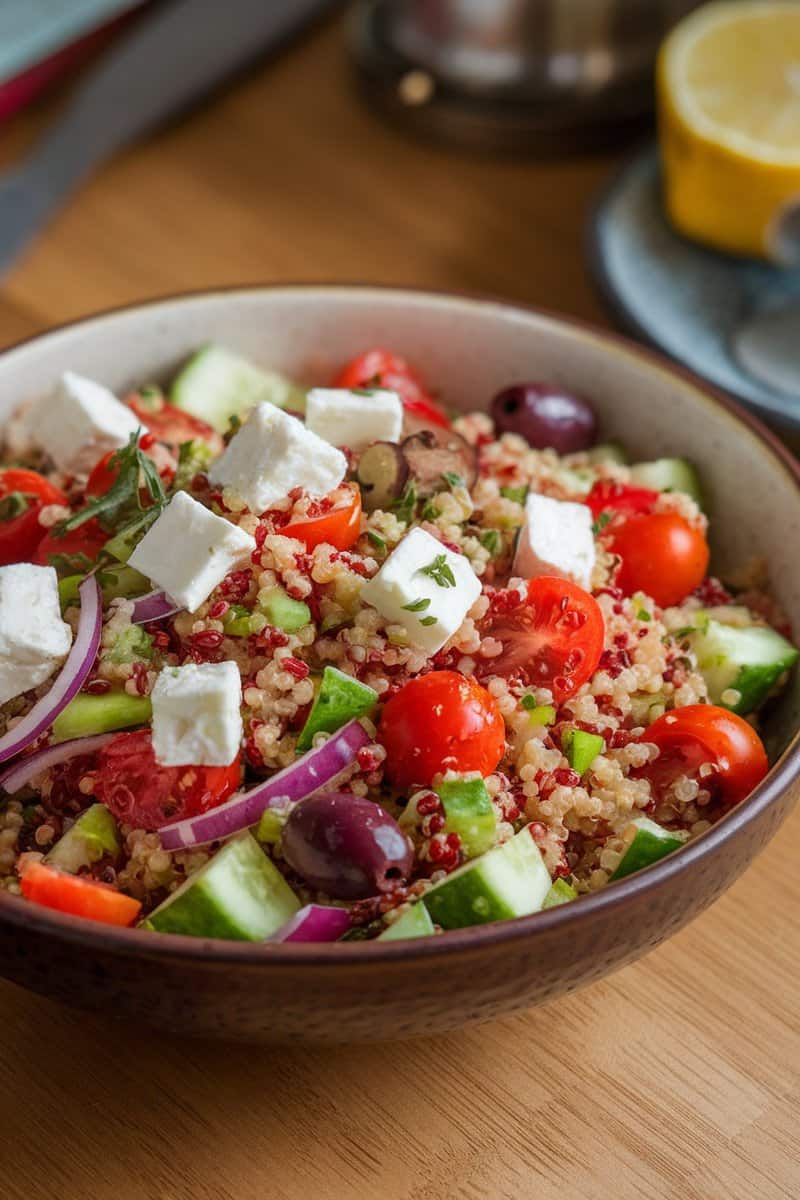 A colorful Mediterranean quinoa salad with fresh vegetables and feta cheese.